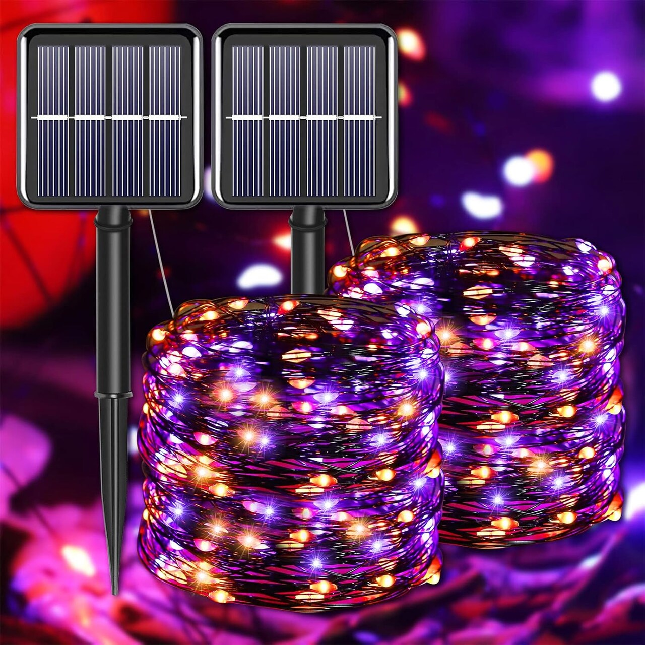 2 Pack Halloween Solar String Lights - 200 LED 66FT (Orange/Purple)